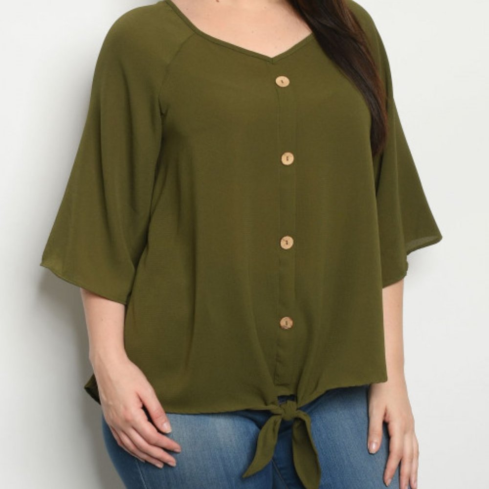 PLUS SIZE OLIVE BUTTON BLOUSE W/ TIE KNOT DETAIL